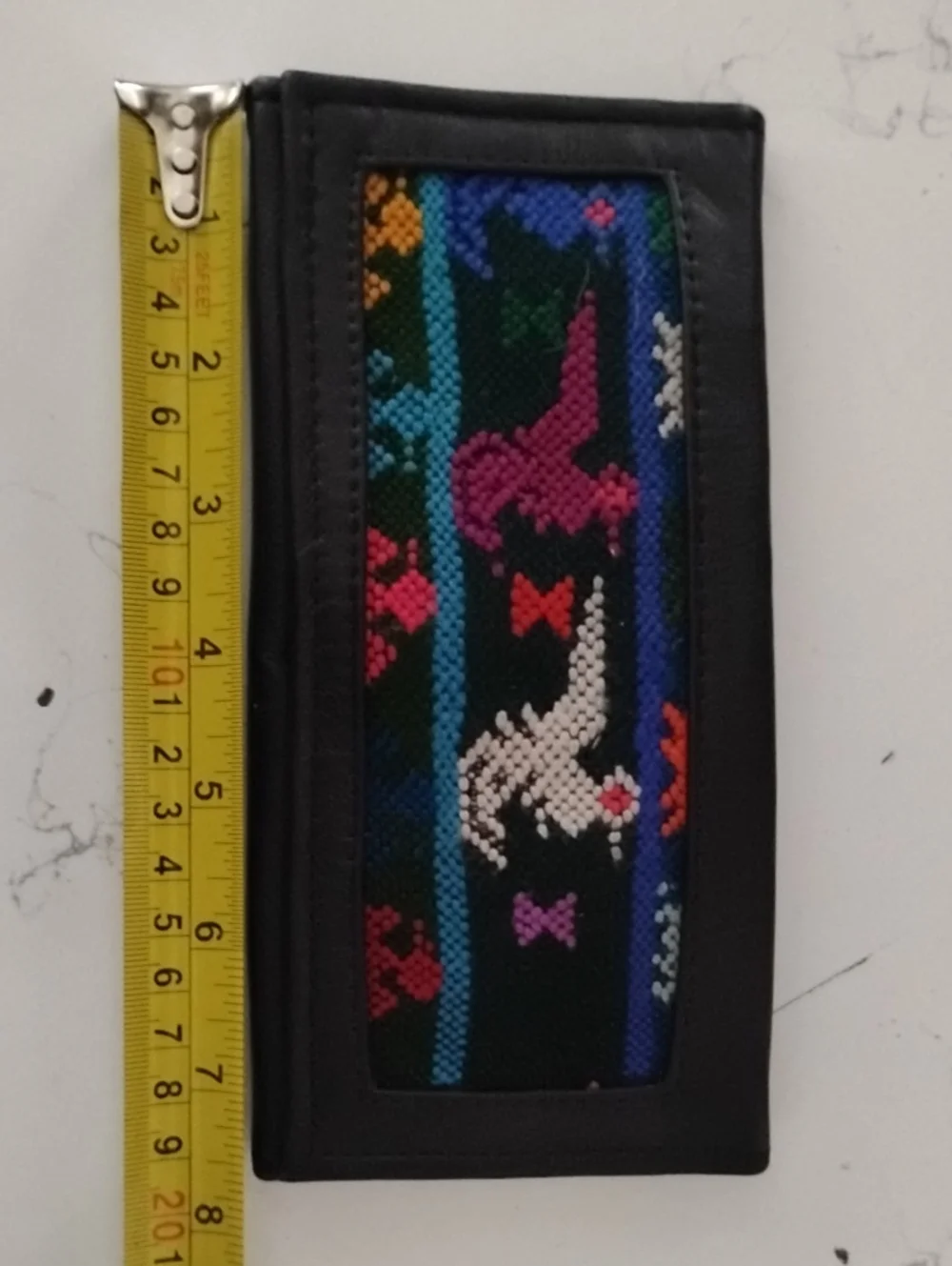 Black Leather Wallet with Colorful Cross-Stitch Panel